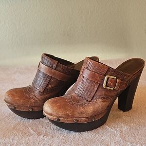 Brown Leather Clogs with Buckle